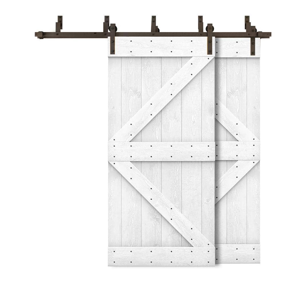 White Knotty Pine Double Bypass Barn Door with Oil-Rubbed Bronze Hardware