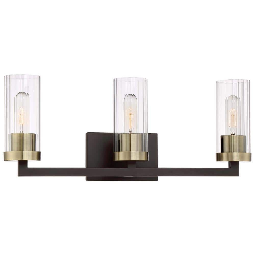 Aged Bronze and Brass 3-Light Cylinder Vanity Fixture