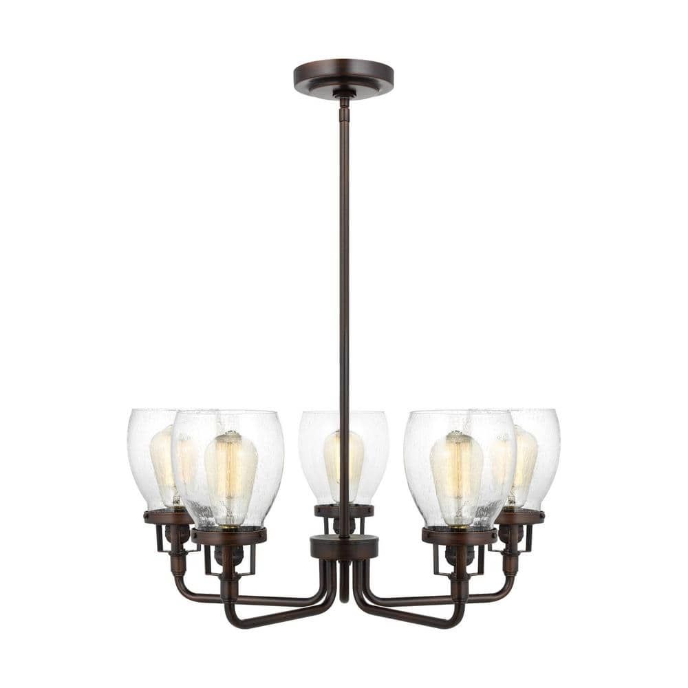 Bronze 5-Light Chandelier with Clear Seeded Glass Shades