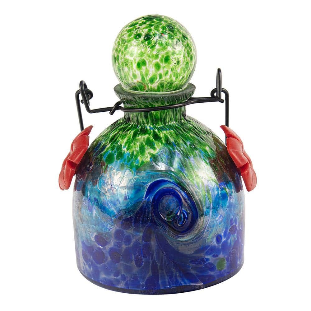 Hand-Blown Green and Blue Glass Hanging Hummingbird Feeder