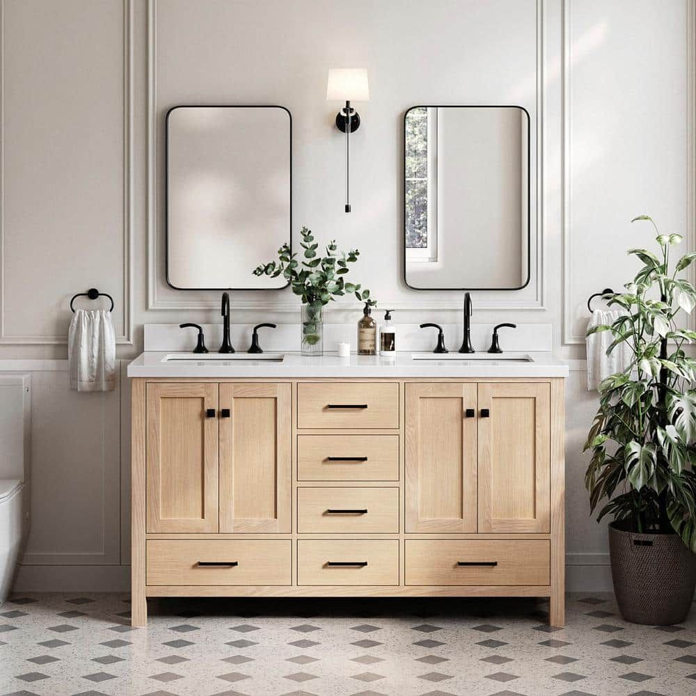 Cambridge 61'' Oak Double Freestanding Vanity with Quartz Top