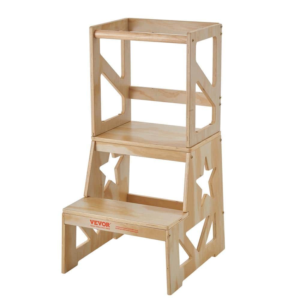 Natural Pine Wood Toddler Step Stool with Safety Rail