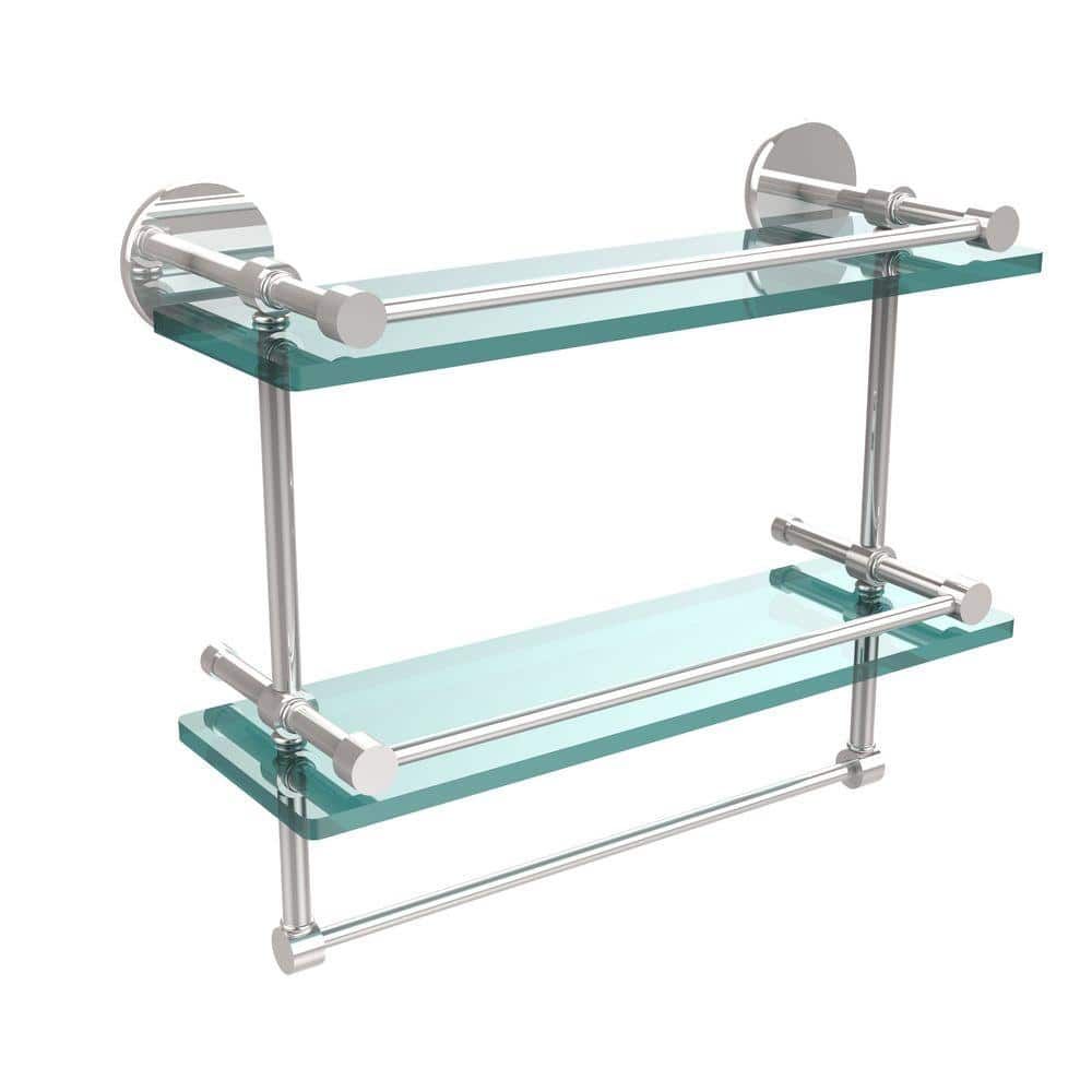 Polished Chrome Double Glass Shelf with Towel Bar, 16 Inch