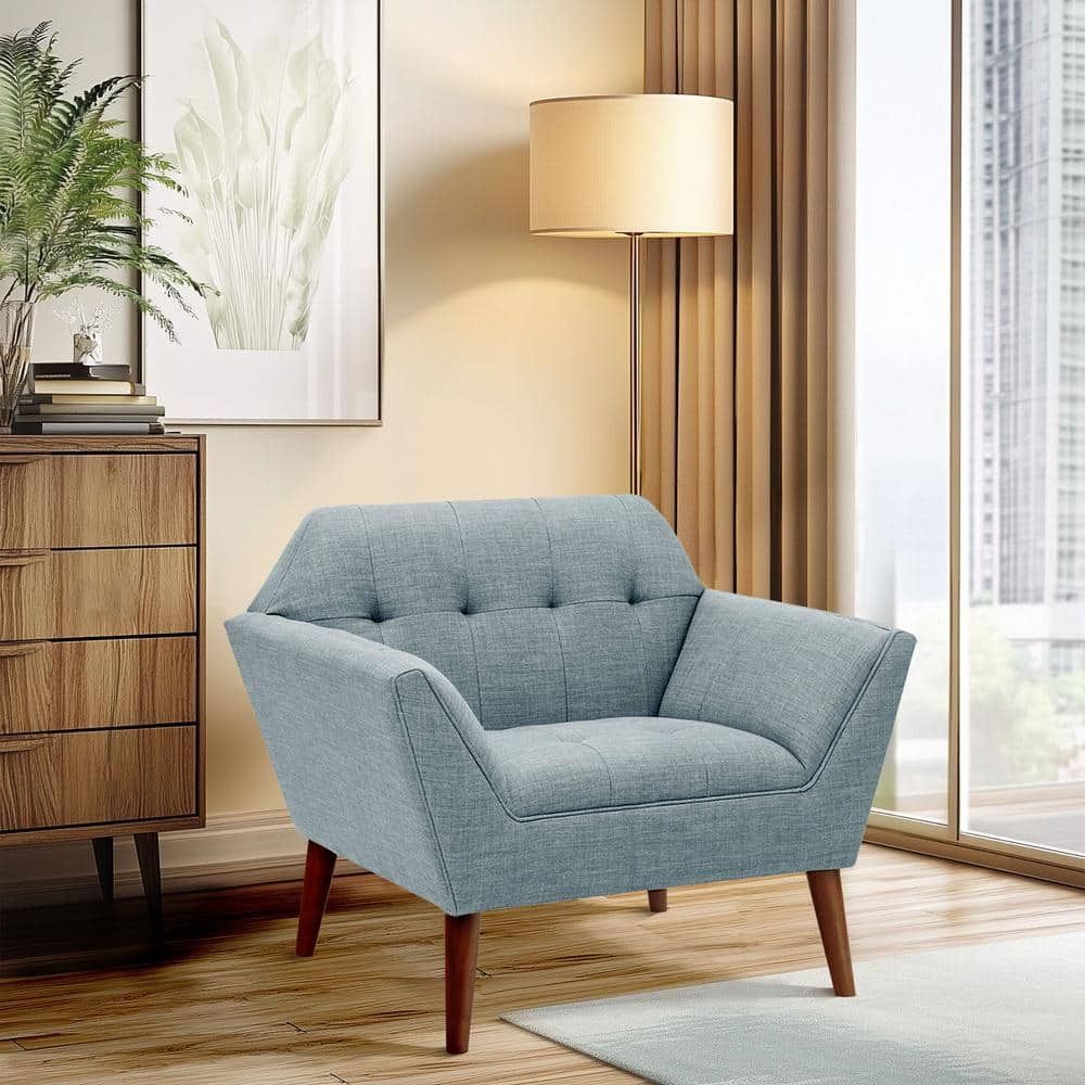 Mid-Century Light Blue Microfiber Accent Chair with Pecan Wood Legs