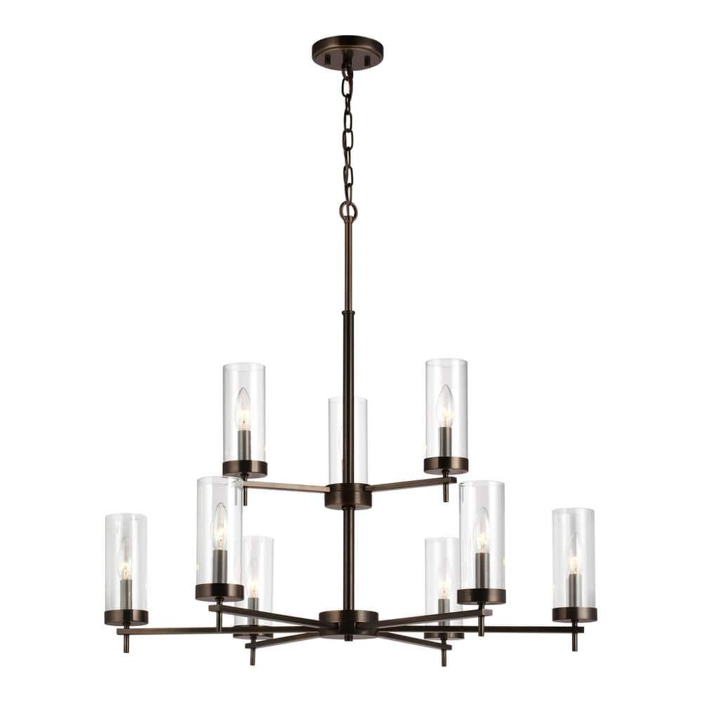 Elegant Minimalist 9-Light Brushed Bronze Chandelier with Clear Glass Shades