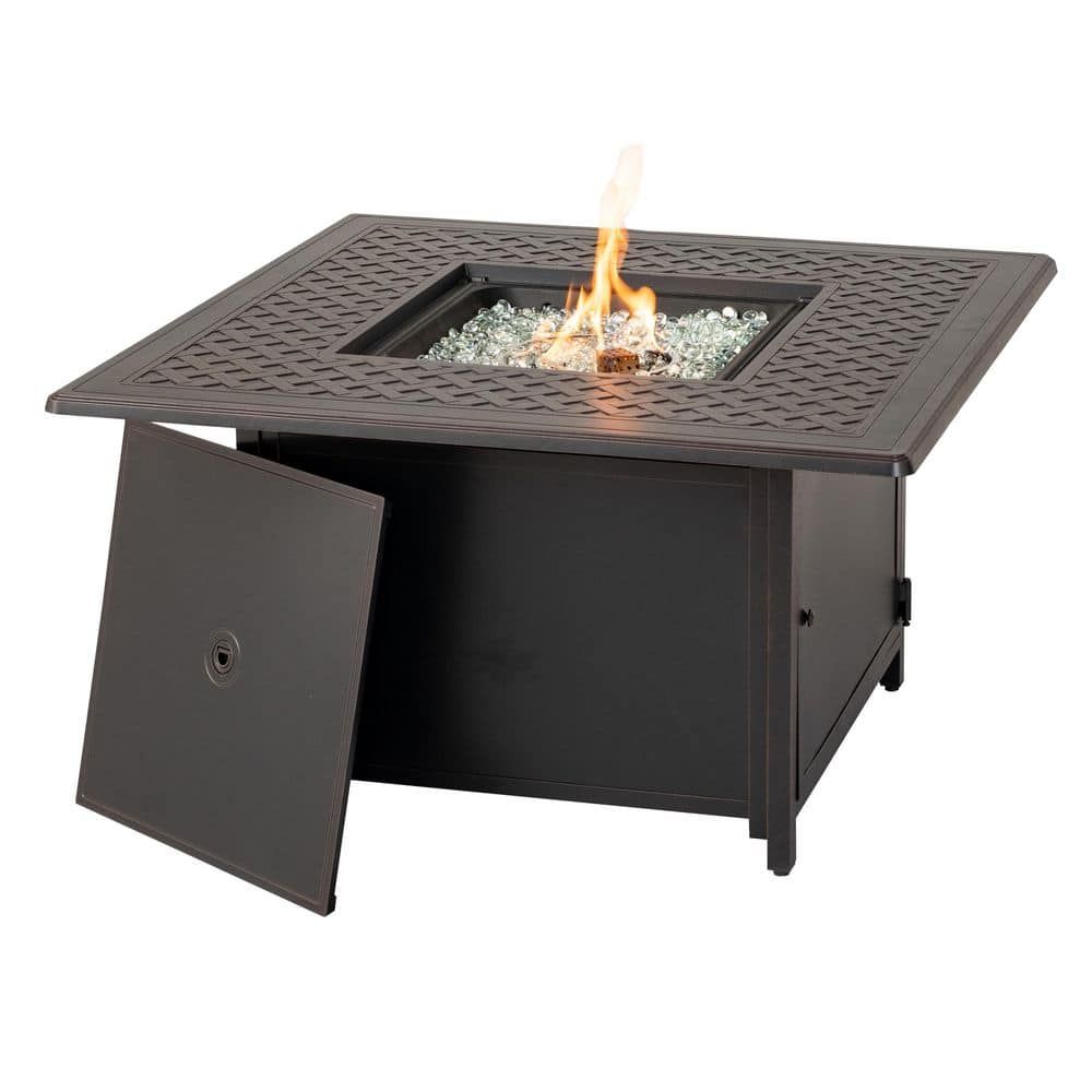 Heron 42" Square Black Gas Fire Pit Table with Clear Glass Beads