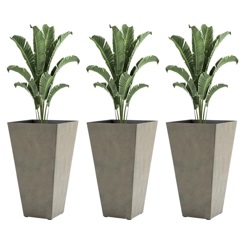 Set of 3 Tall Gray Polypropylene Square Planters with Drainage Hole