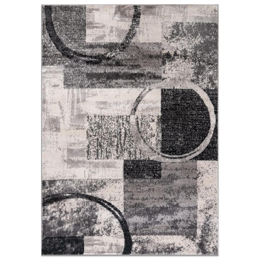 Cream and Gray Abstract Synthetic 10' x 14' Area Rug