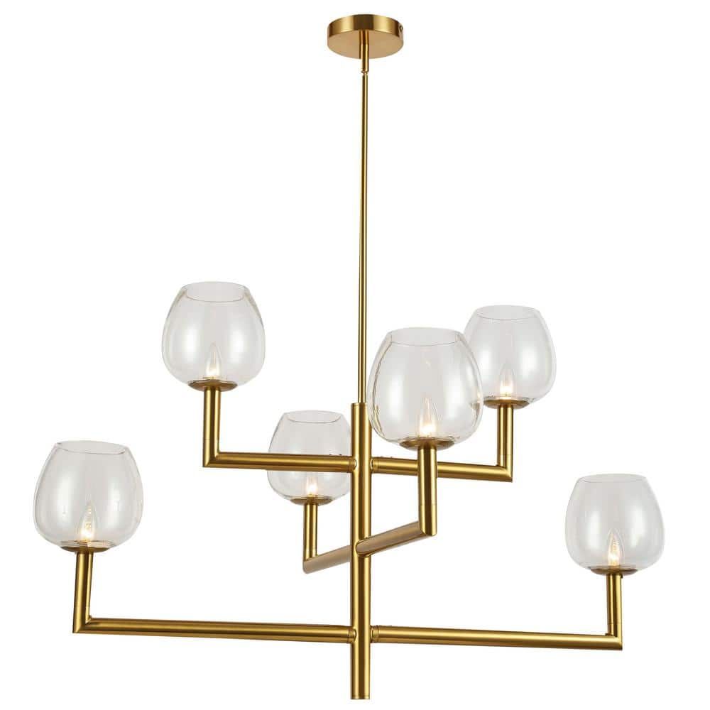 Modern Brass 6-Light Chandelier with Clear Candlestick Shades