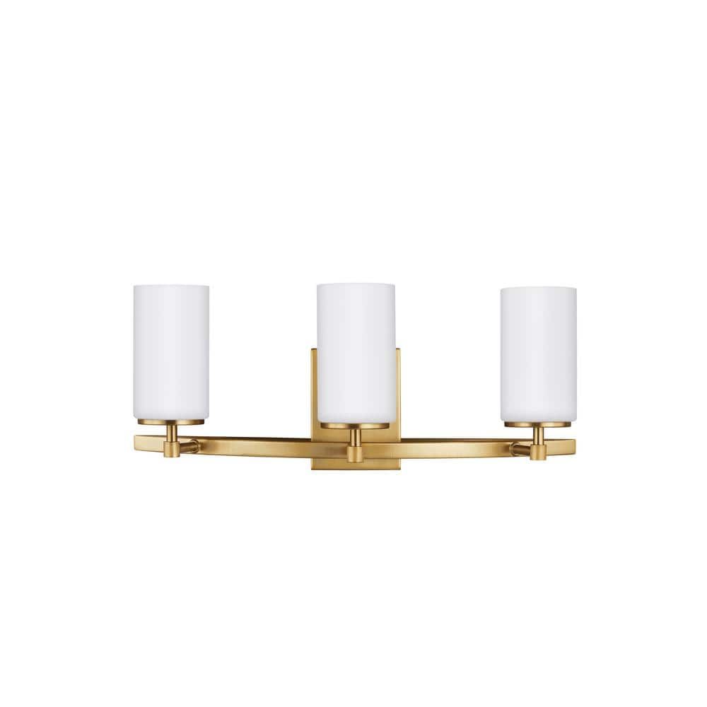 Satin Brass 3-Light Wall Bath Sconce with Etched White Glass