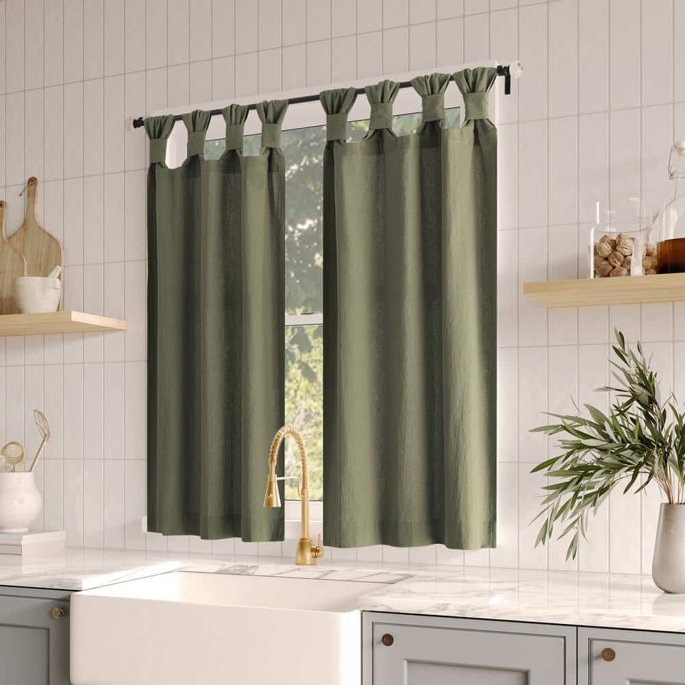 Moss Green Cotton Tab Top Sheer Kitchen Window Curtains, 52" x 36"