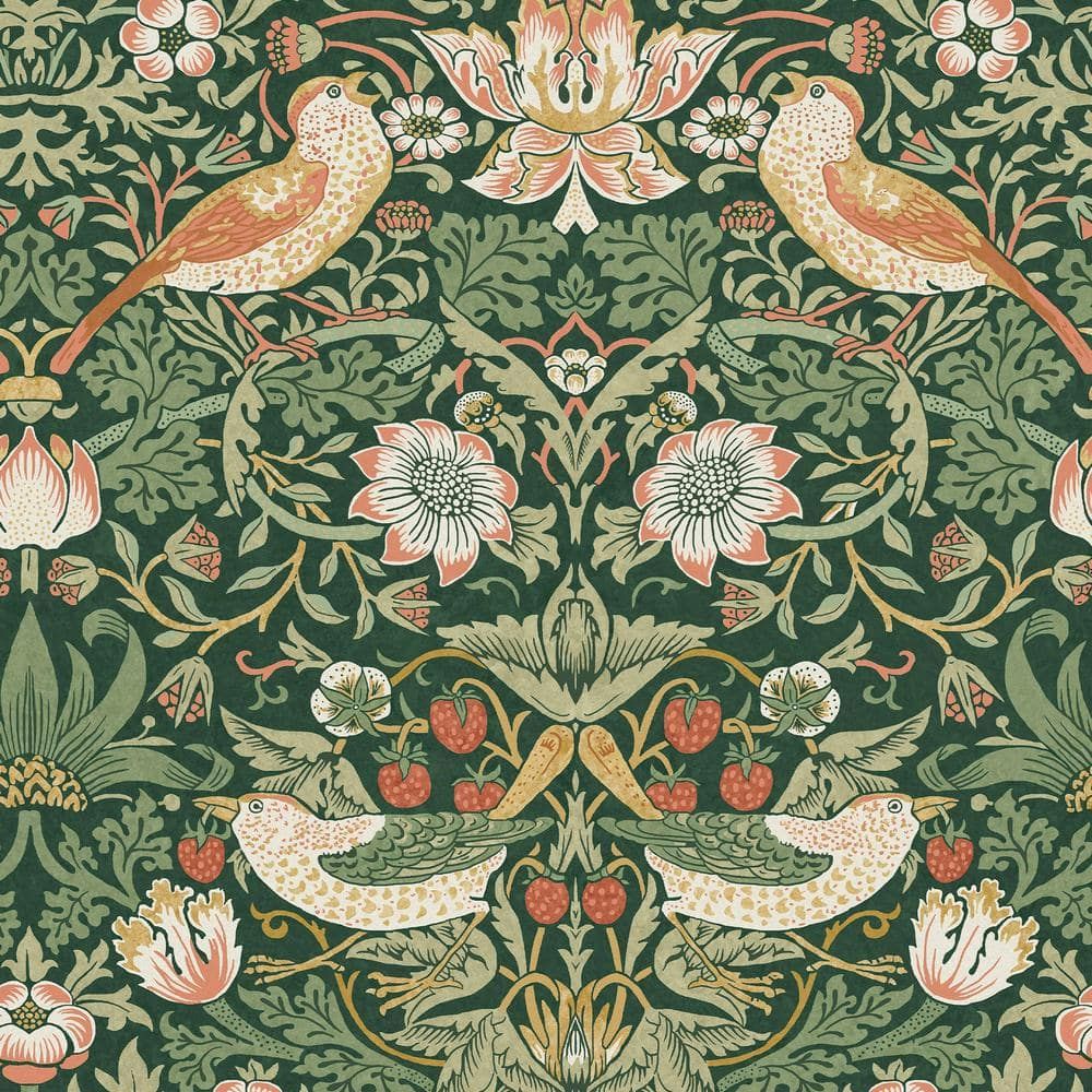 William Morris Green Floral Vinyl Wallpaper Double Roll