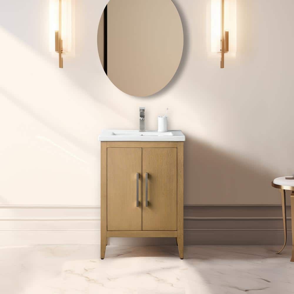 Natural Oak Single Sink Bathroom Vanity with Ceramic Top