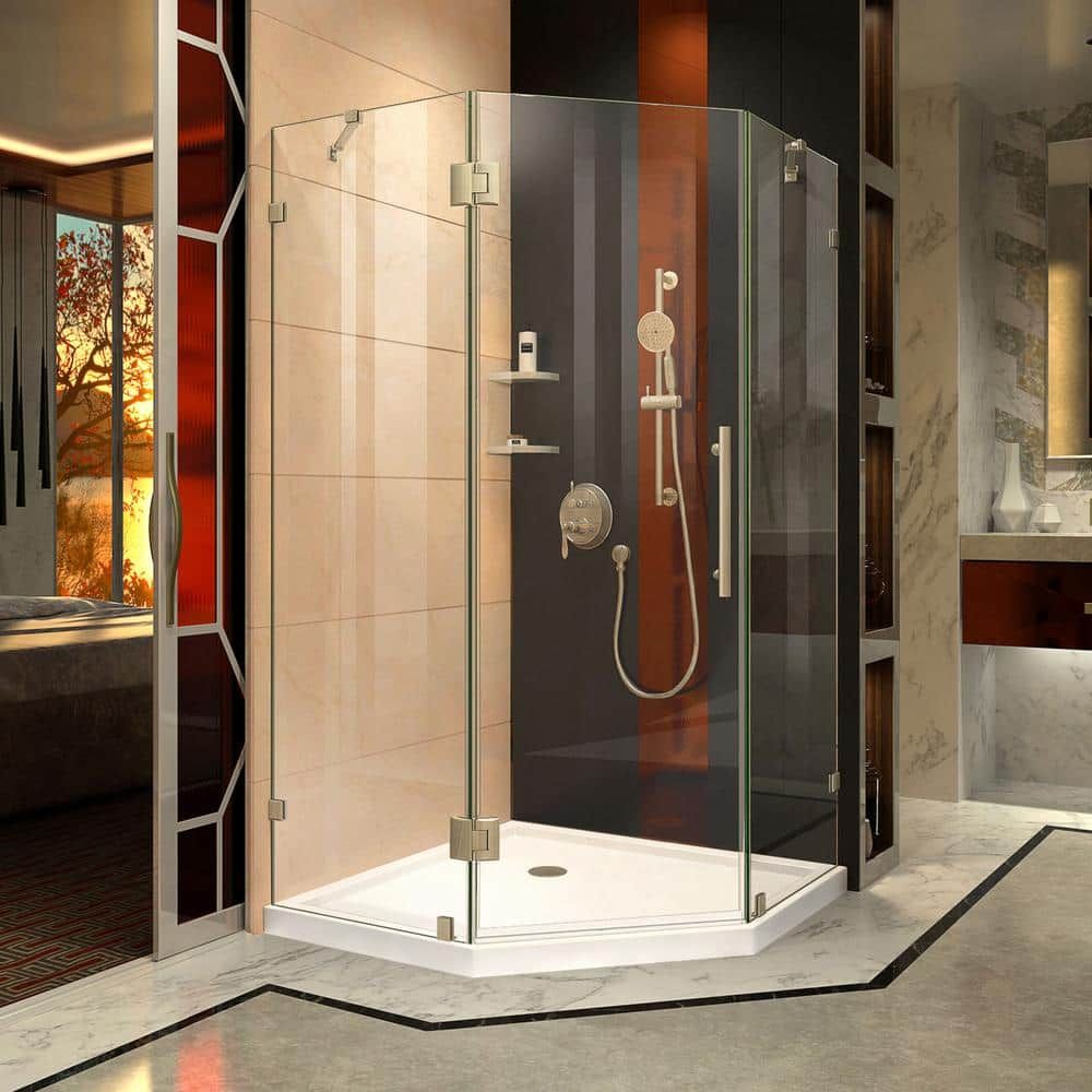 Luxurious Frameless Clear Glass Neo-Angle Shower Enclosure with Bronze Hardware