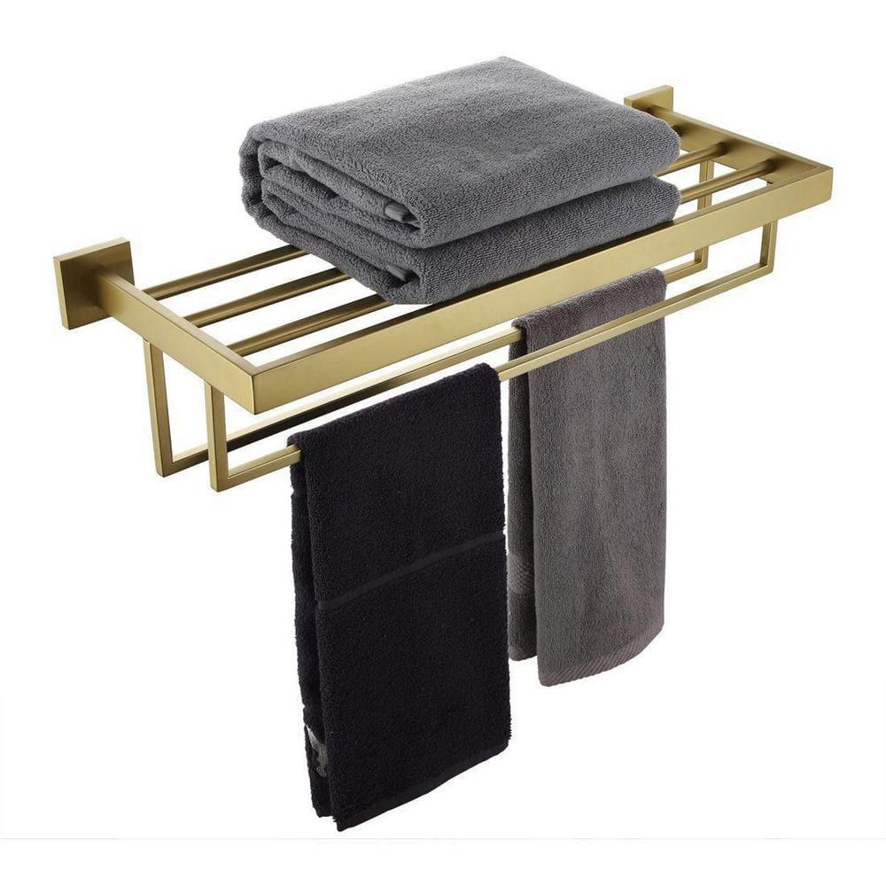 Brushed Gold Wall Mounted Double Towel Rack with Shelf