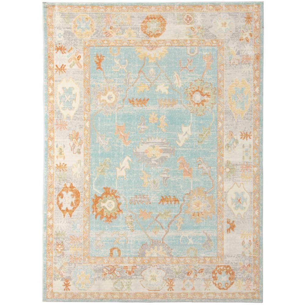 Aqua Bohemian Chic 8'9" x 11'9" Rectangular Easy-Care Area Rug