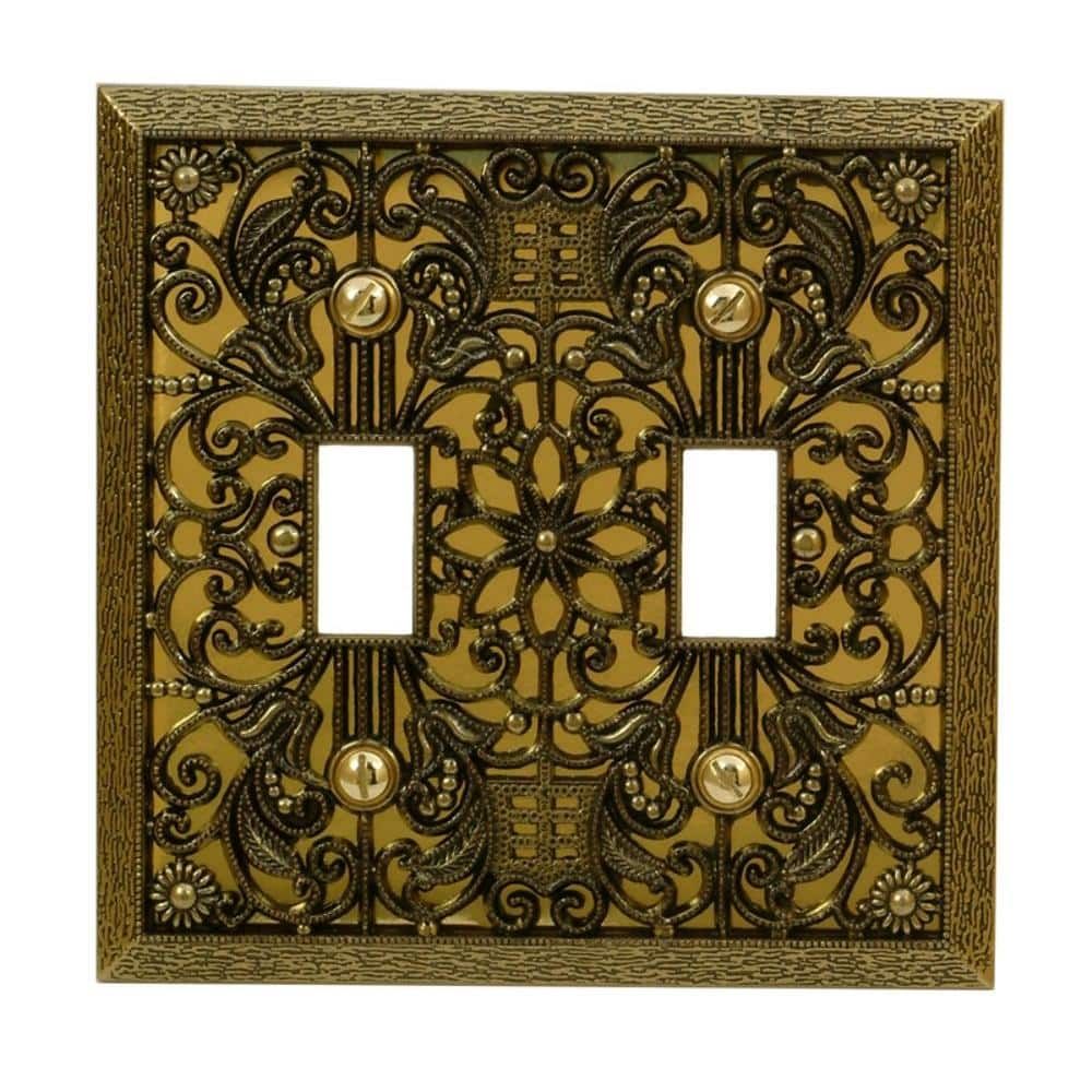 Antique Brass Filigree Double Toggle Metal Wall Plate