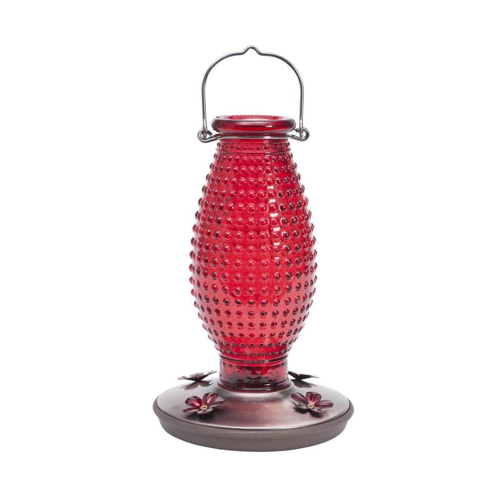 Red Hobnail Glass and Metal Hanging Hummingbird Feeder