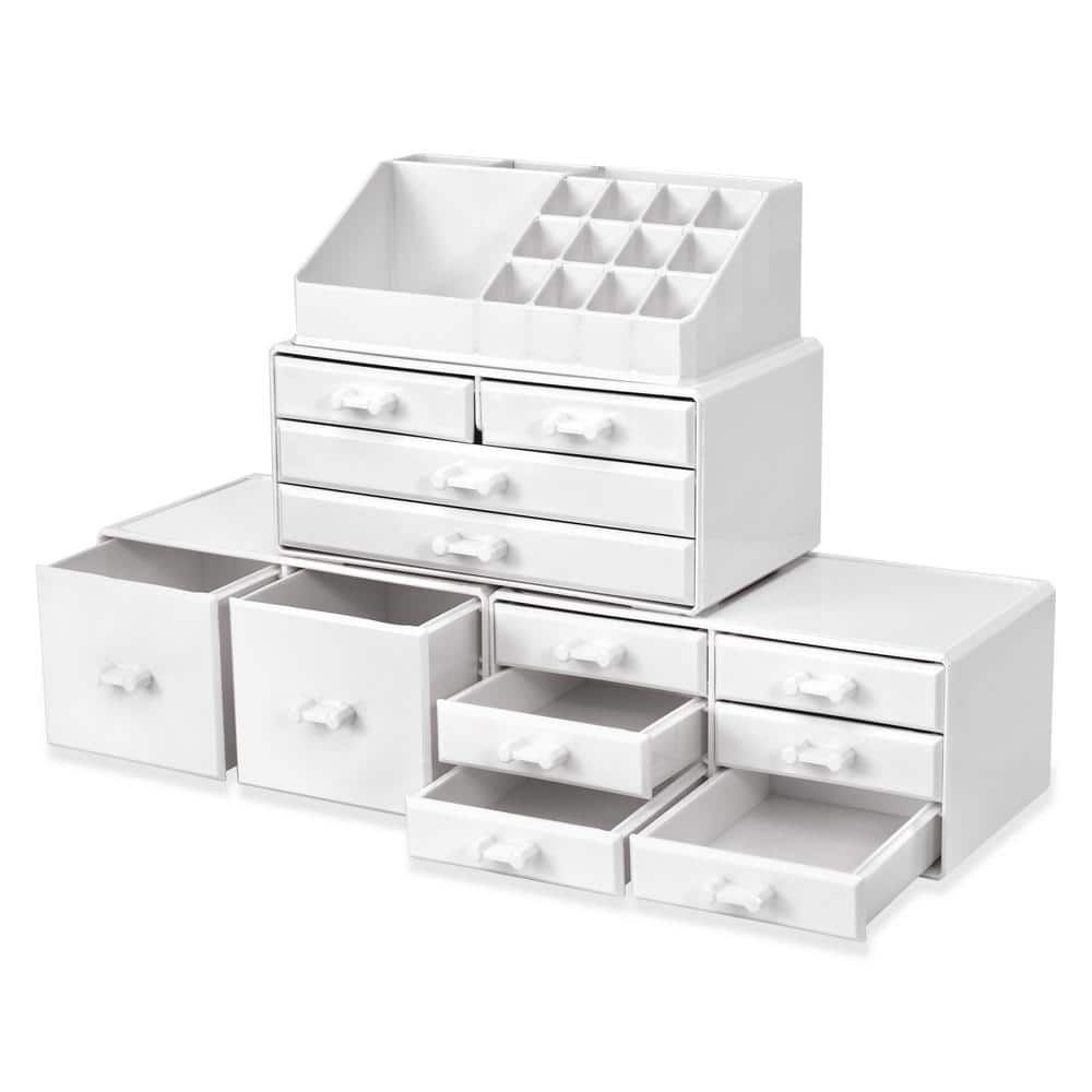 White Acrylic Stackable Makeup Organizer with 12 Drawers