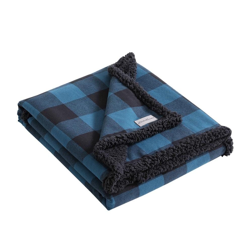 Blue and Black Reversible Sherpa Fleece Throw Blanket