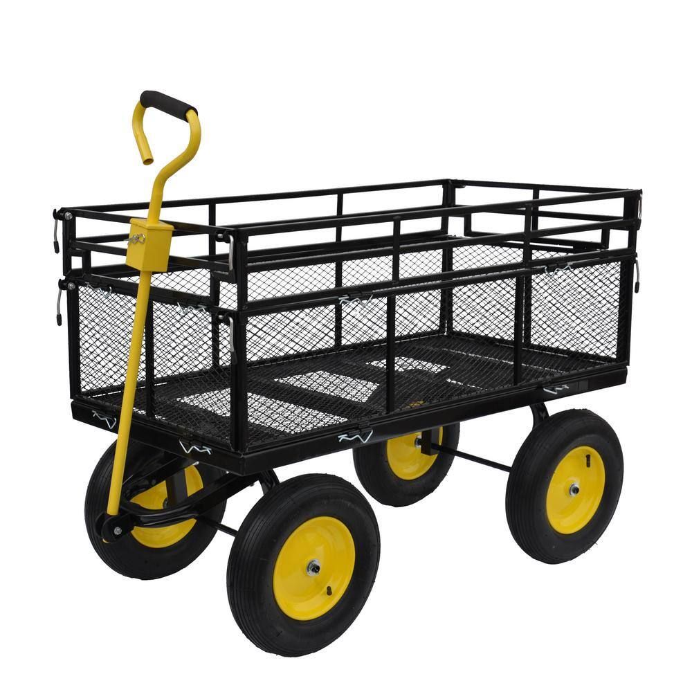 Large Black and Yellow Metal Garden Cart with Pneumatic Tires