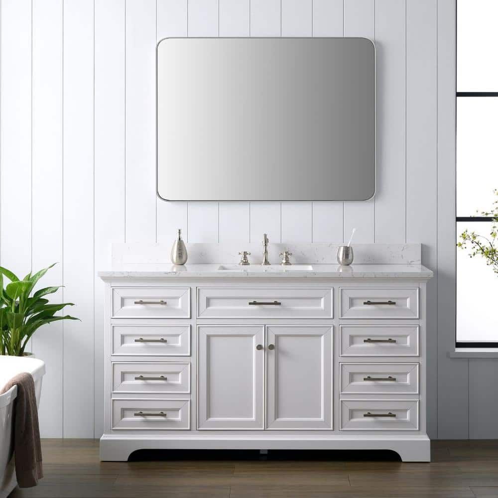 Thompson 60" White Solid Wood Single Bathroom Vanity with Engineered Stone Top