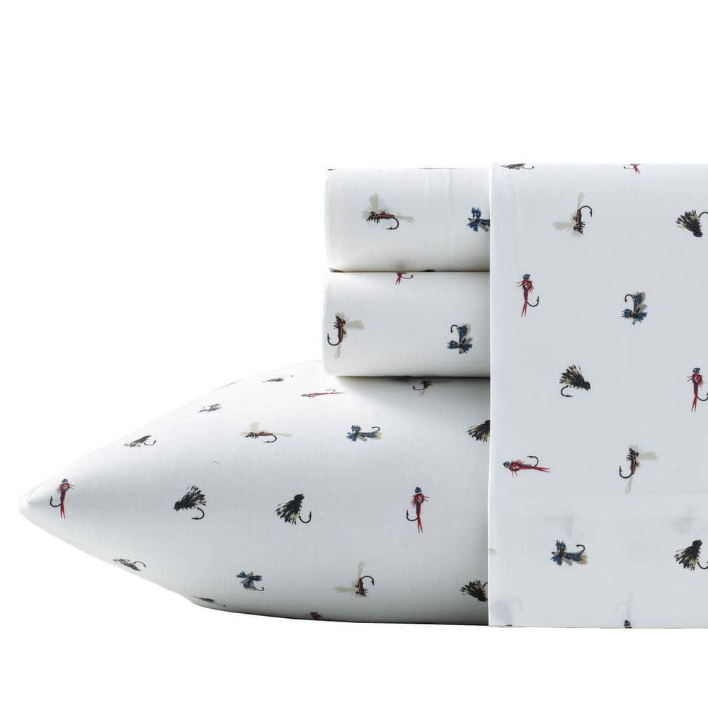 Fishing Flies 4-Piece White Wildlife 200-Thread Count Cotton Percale Full Sheet Set