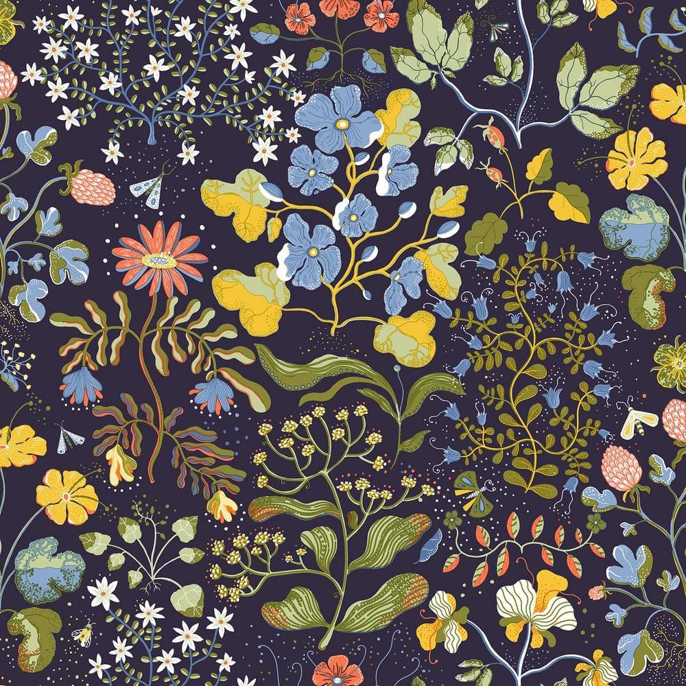 Dark Blue Floral Non-Pasted Washable Wallpaper Roll