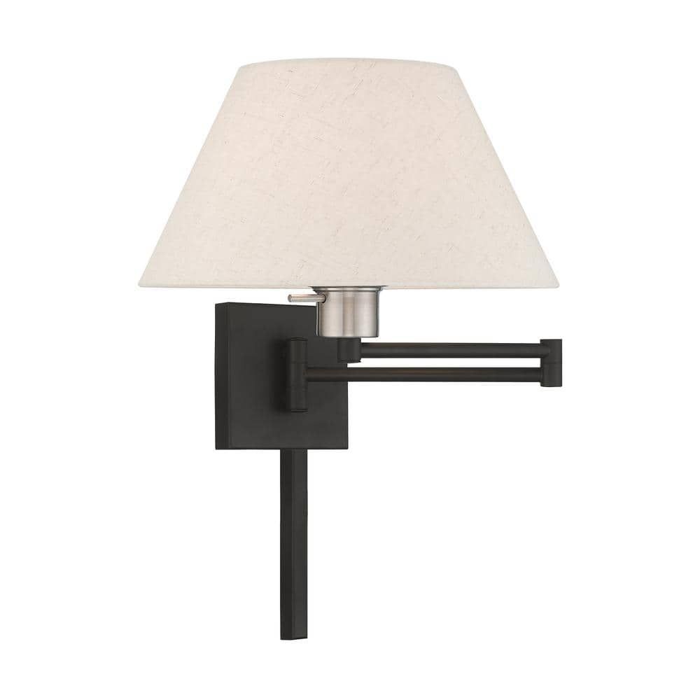 Classic Black Swing Arm Wall Lamp with Oatmeal Fabric Shade