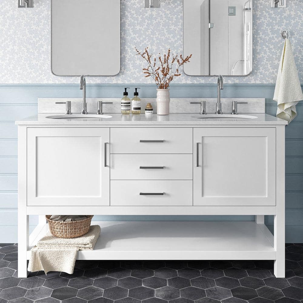 Bayhill 61'' White Double Freestanding Vanity with Marble Top