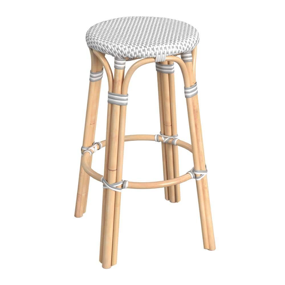 Gray Backless Wood Bar Stool with Rattan Seat, 30"