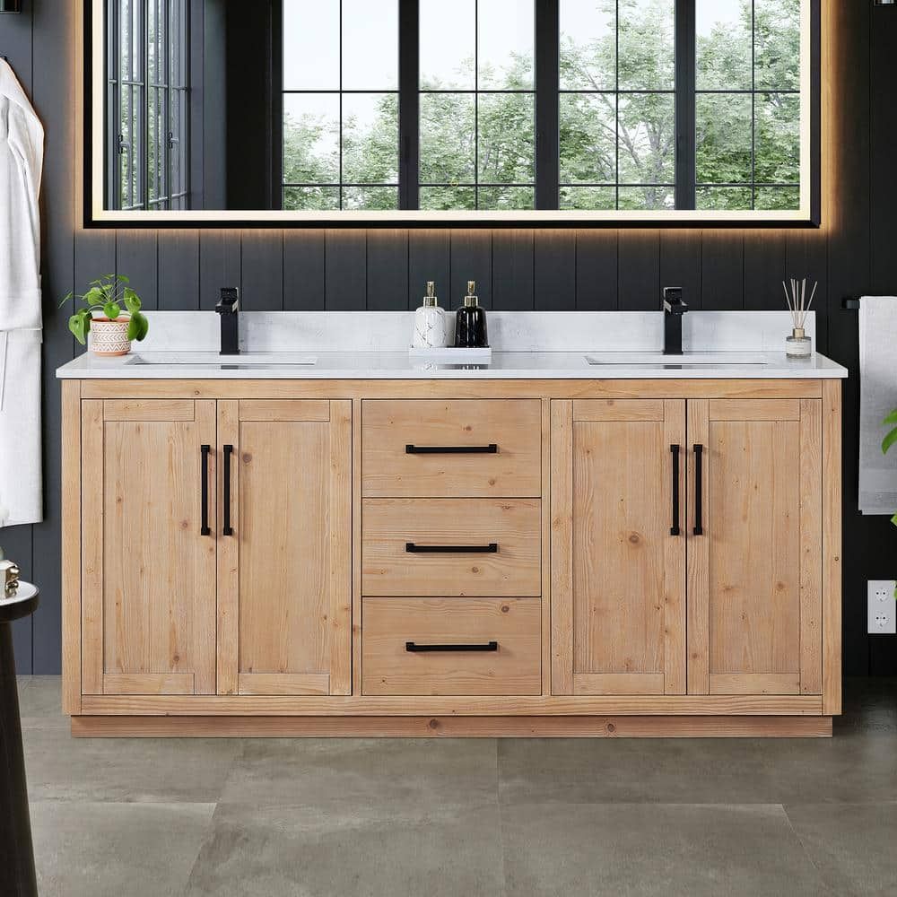 Cicero 72" Light Brown Fir Wood Bathroom Vanity with White Stone Countertop