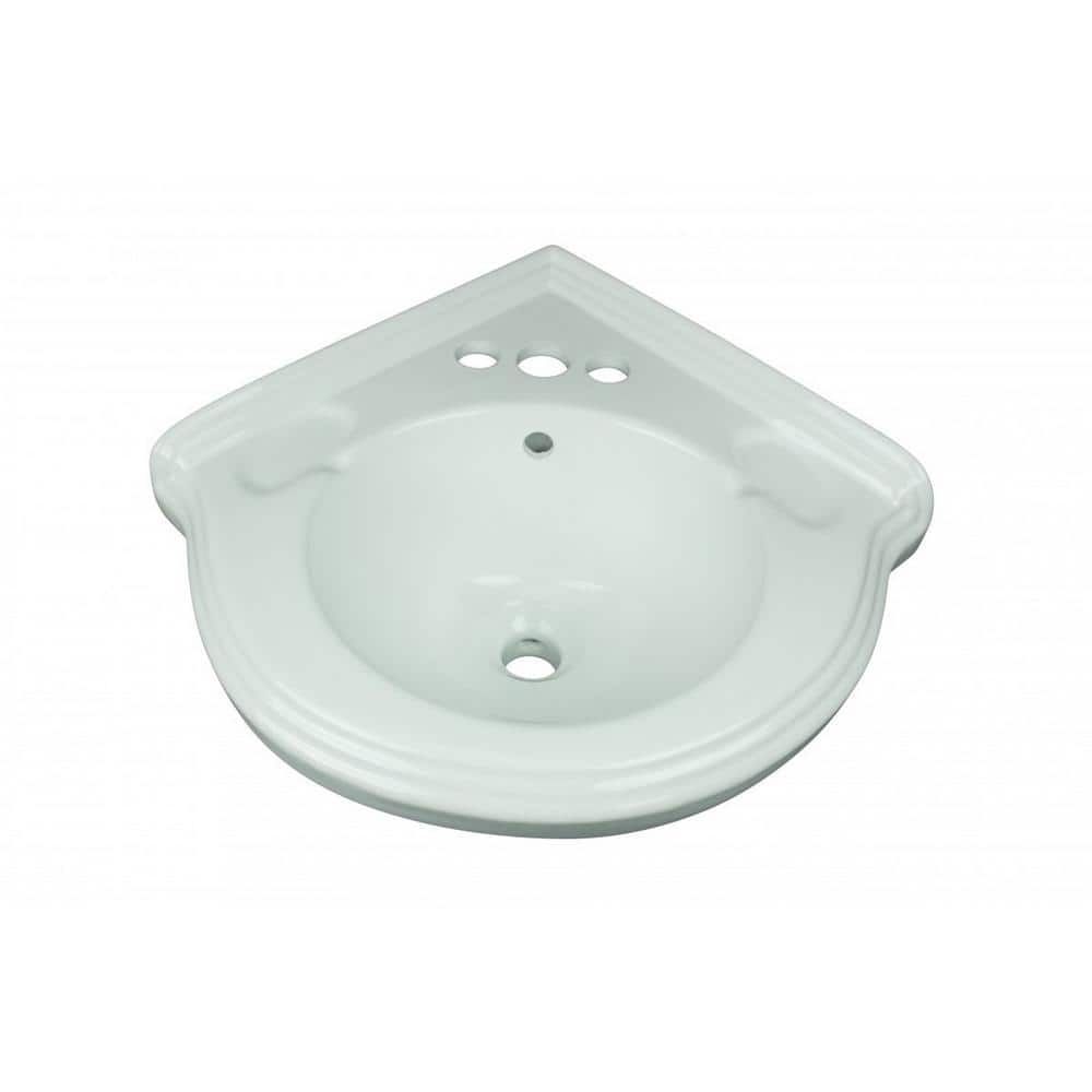 White Ceramic Corner Wall-Mount Vessel Sink with Overflow