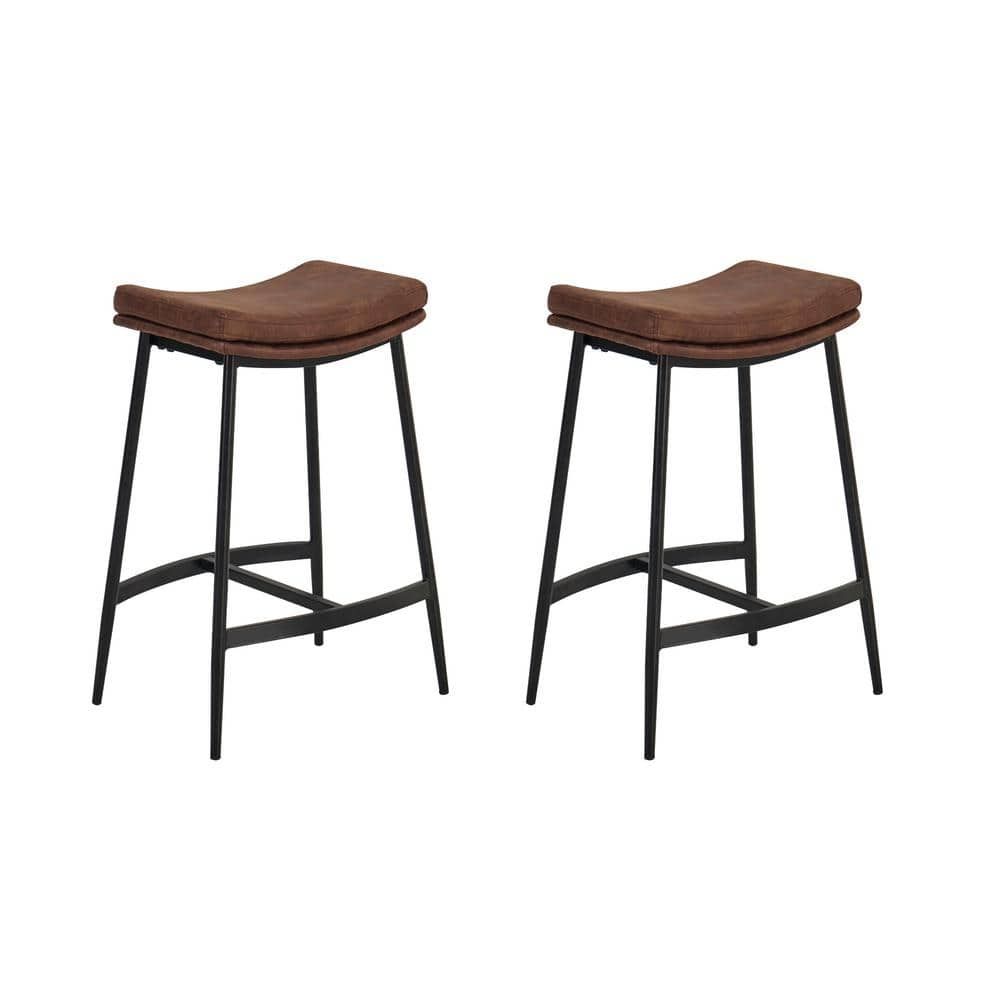 Arlo 27" Brown Leather Saddle Seat Bar Stools with Black Metal Base