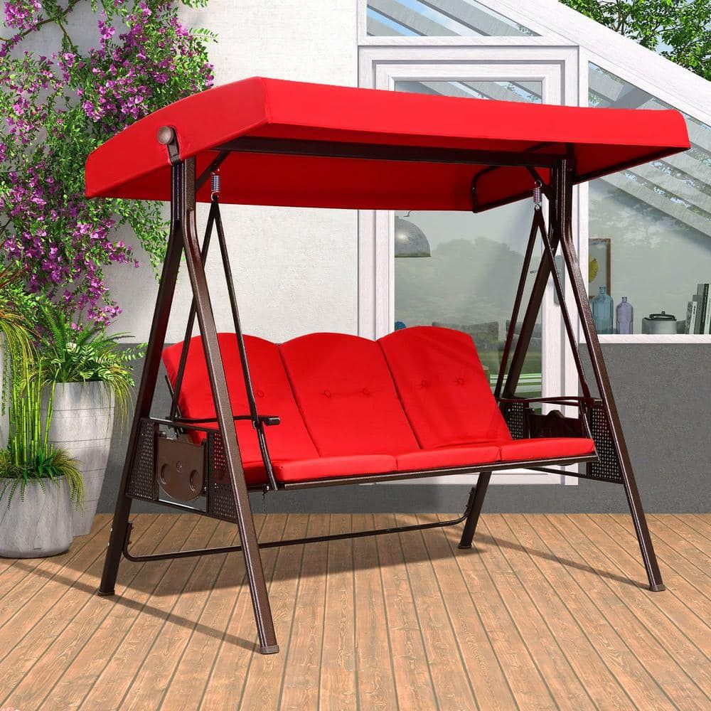 Red Cushioned 3-Seater Brown Steel Patio Swing with Canopy