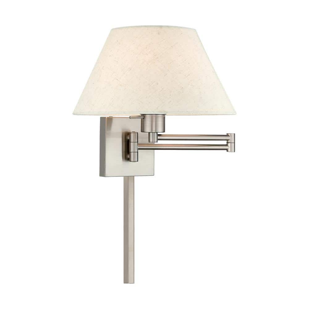 Brushed Nickel Swing Arm Wall Light with Oatmeal Fabric Shade