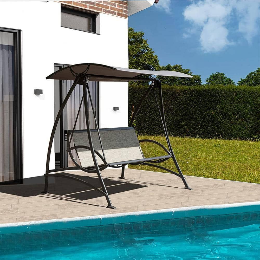 Gray Metal Frame 3-Seat Patio Swing with Adjustable Canopy