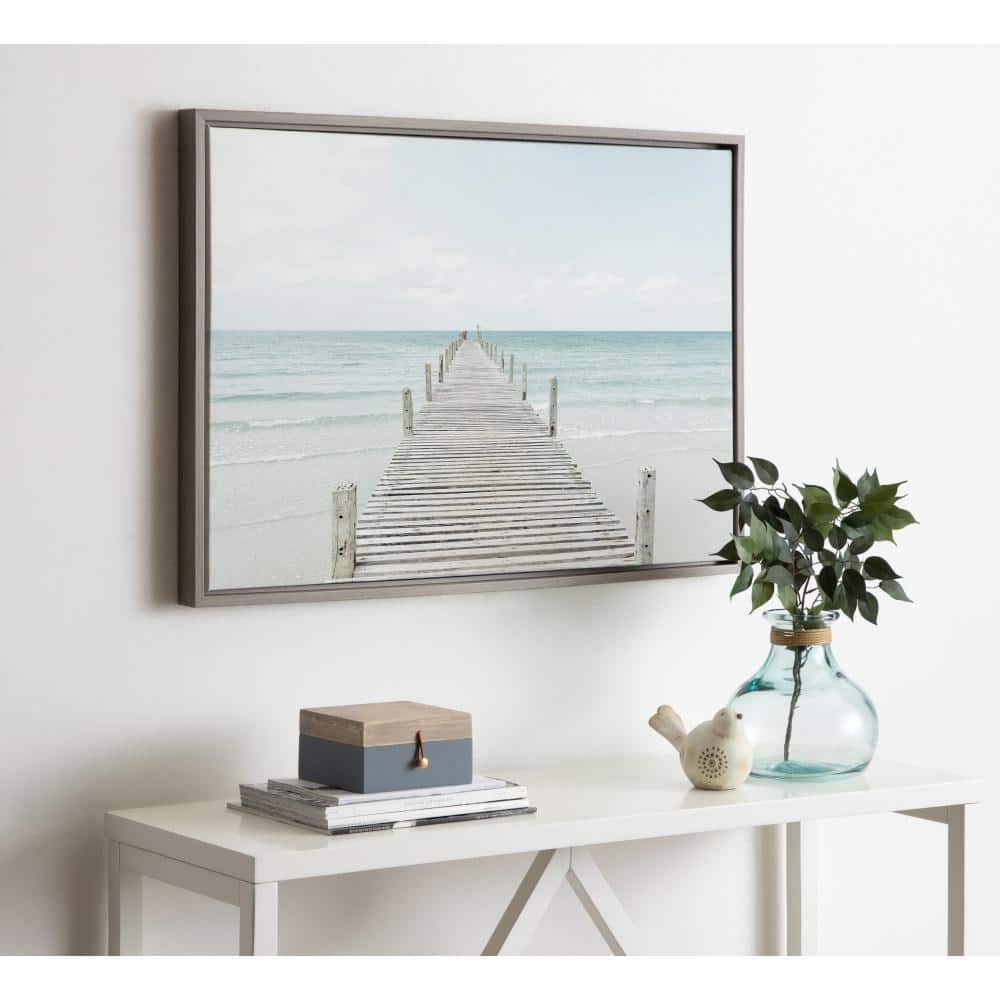 Tranquil Wooden Pier Coastal Canvas Print in Gray Frame