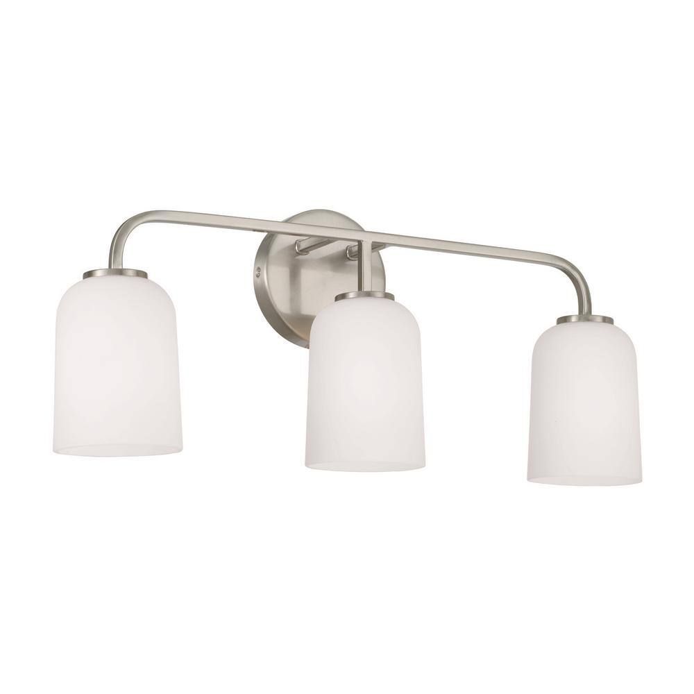 Brushed Nickel 3-Light Vanity with Soft White Glass Shades