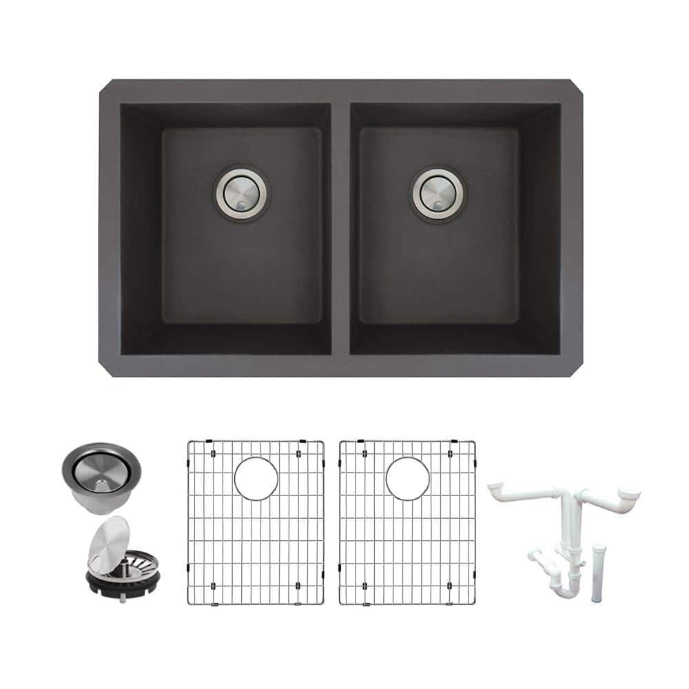 Black Granite Double Bowl Undermount Kitchen Sink with Accessories