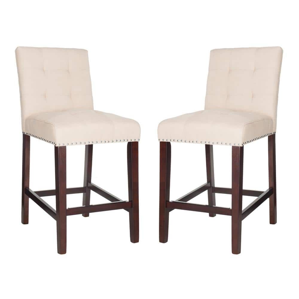 Beige Tufted Linen Transitional Counter Stool with Chrome Accents, Set of 2