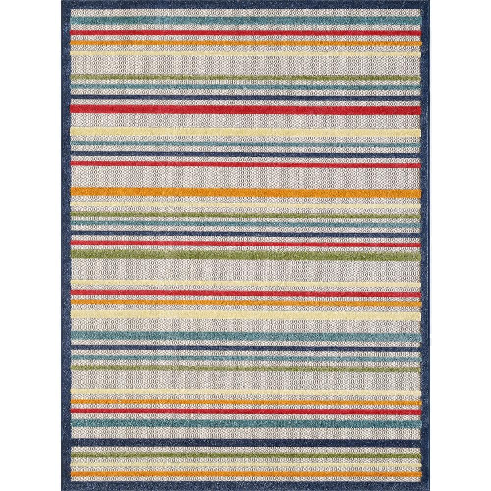 Ivory and Multicolor Striped Synthetic Medium Rug