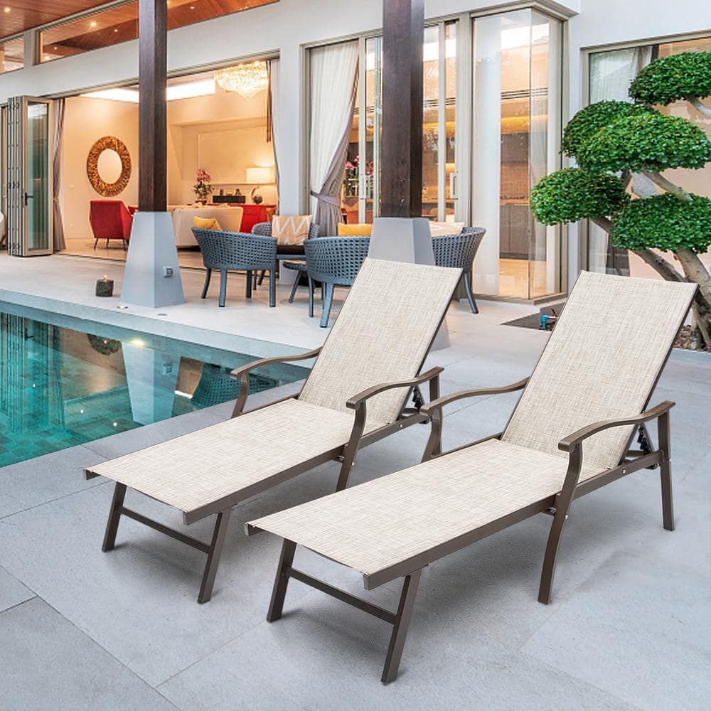 Beige Aluminum Outdoor Chaise Lounge with Armrests, Set of 2