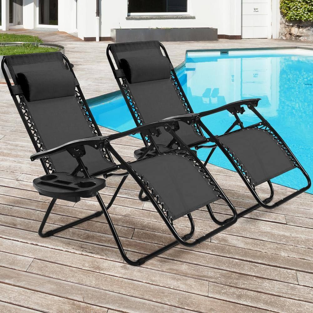 Black Steel Zero Gravity Outdoor Reclining Lounger with Cushions