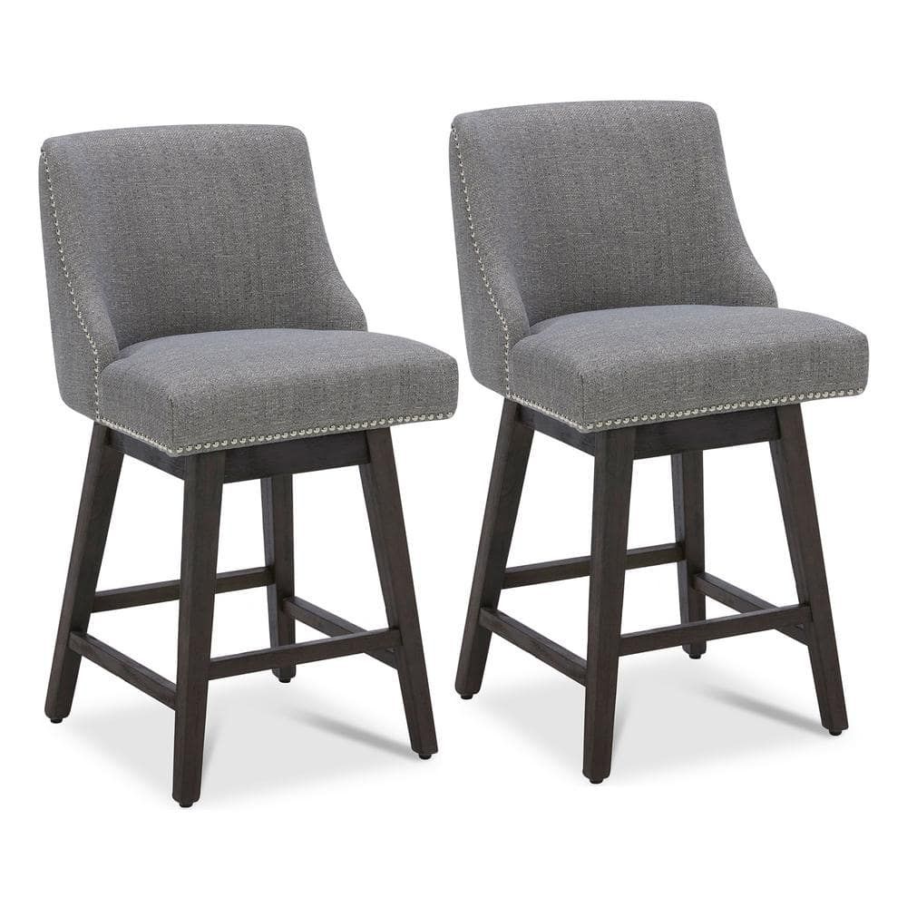 Fog Gray Fabric Swivel Counter Height Bar Stools with Nailhead Trim, Set of 2