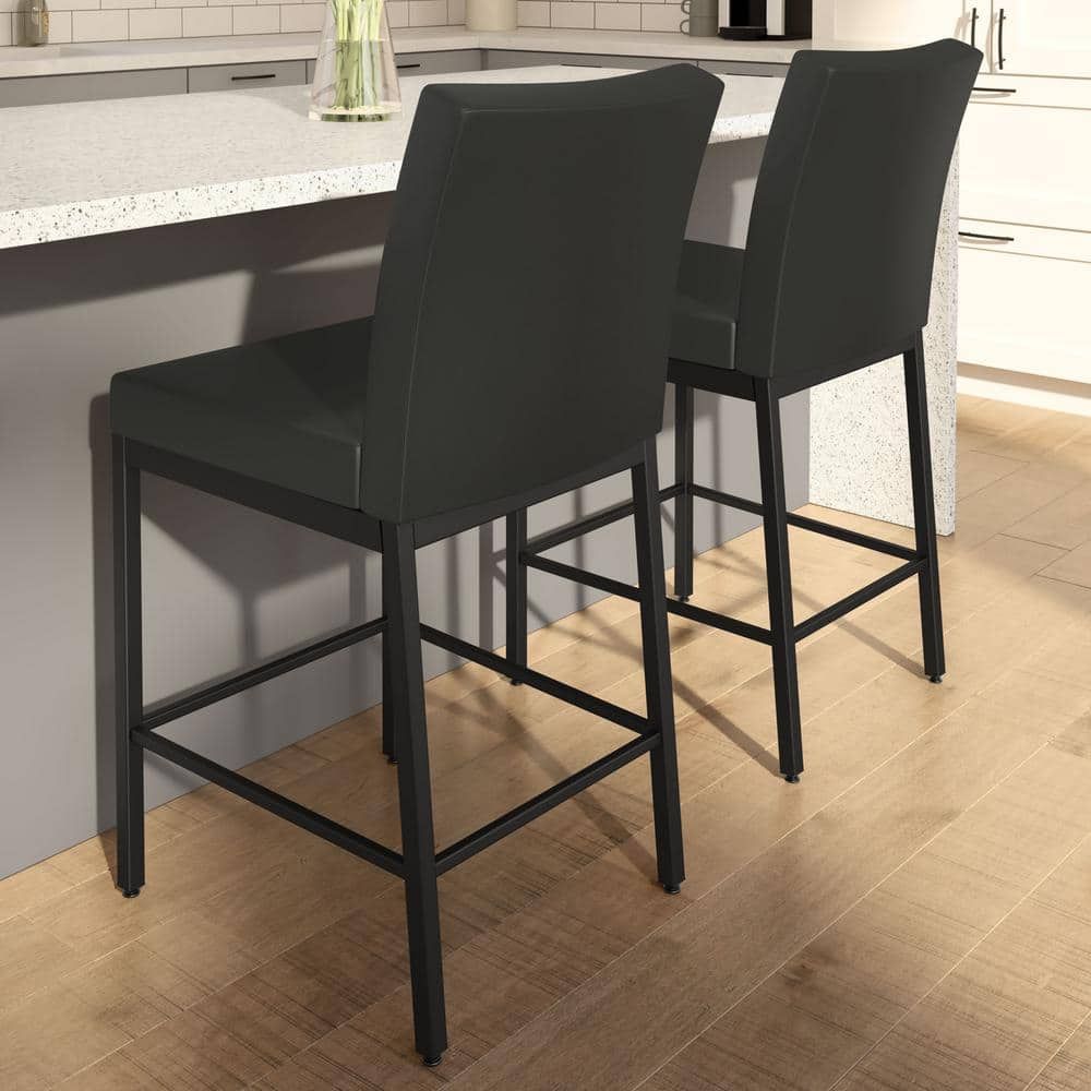 Perry Plus 26" Glamorous Black Faux Leather Counter Stool with Metallic Grey Frame