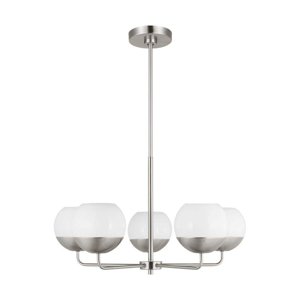 Alvin Midcentury 5-Light Brushed Nickel Chandelier with Milk Glass Shades