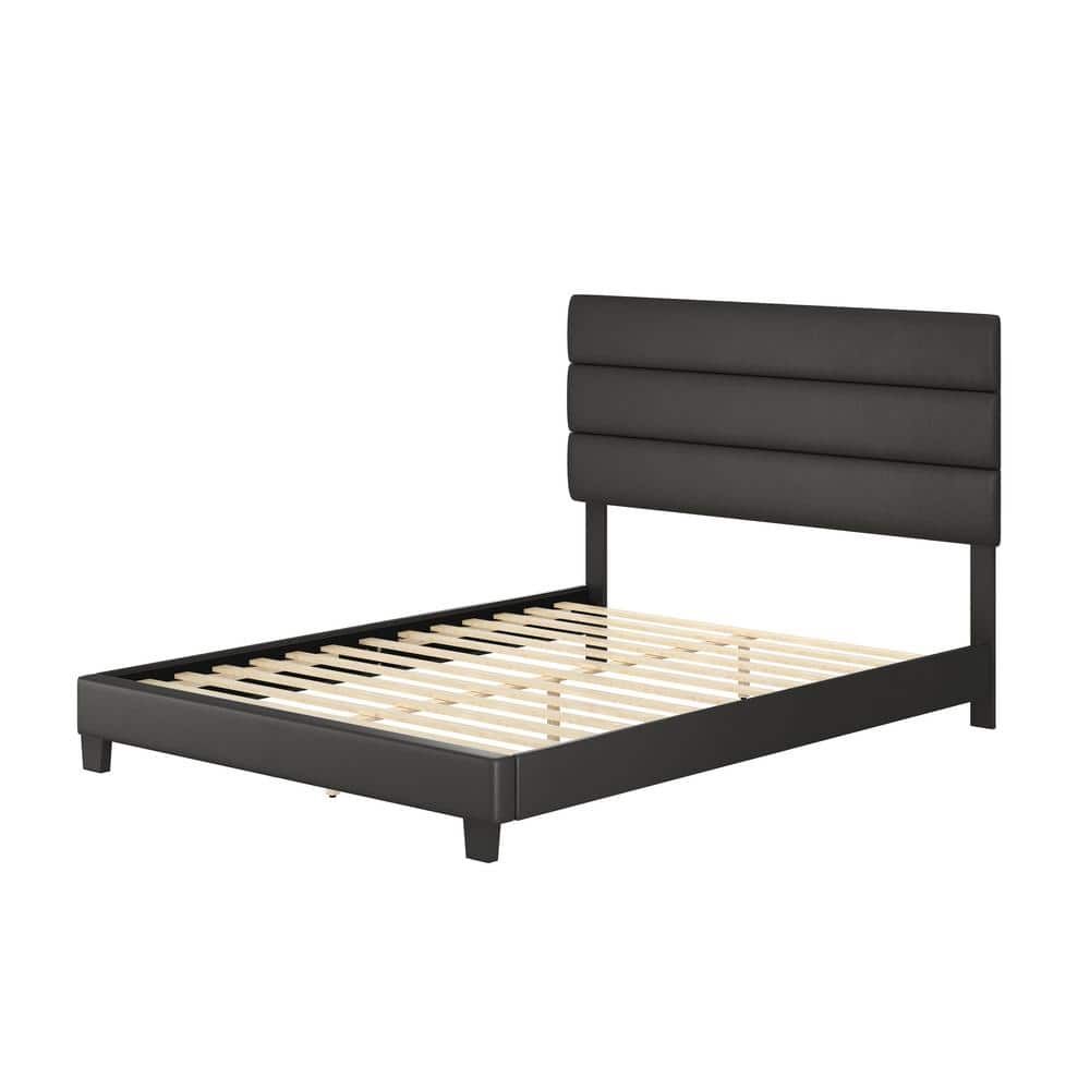 Twin Black Faux Leather Upholstered Platform Bed with Wood Slats