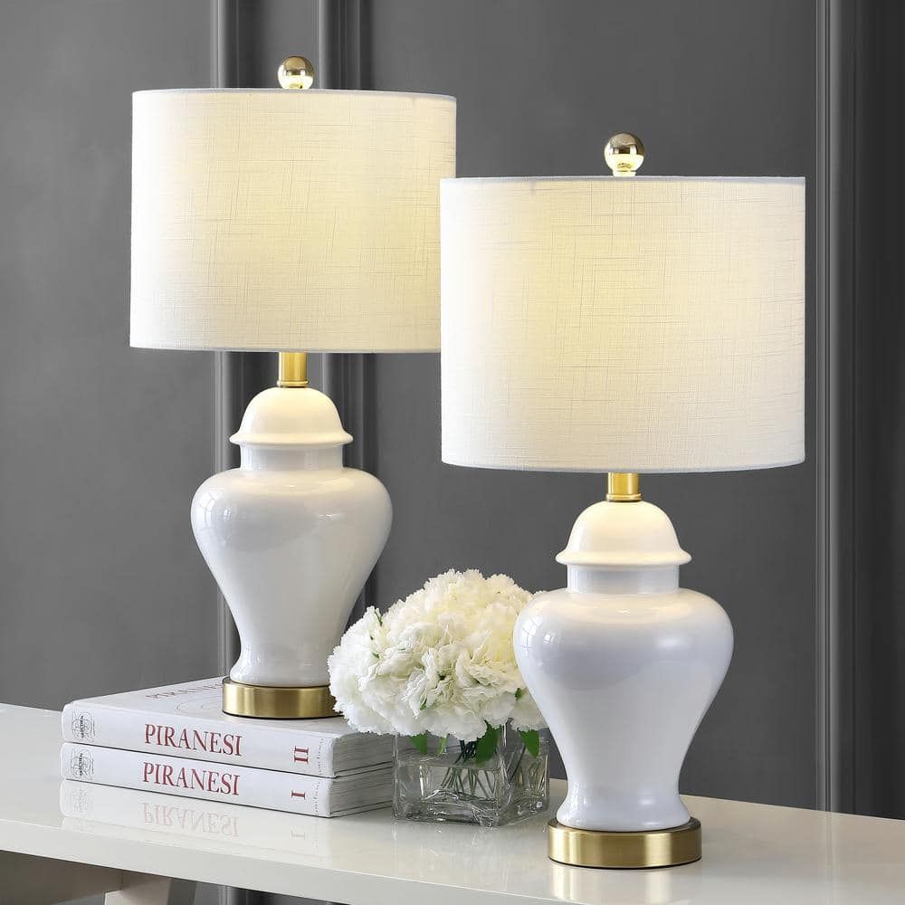 Qin 22" White Ceramic and Brass Table Lamp Set with Linen Shade