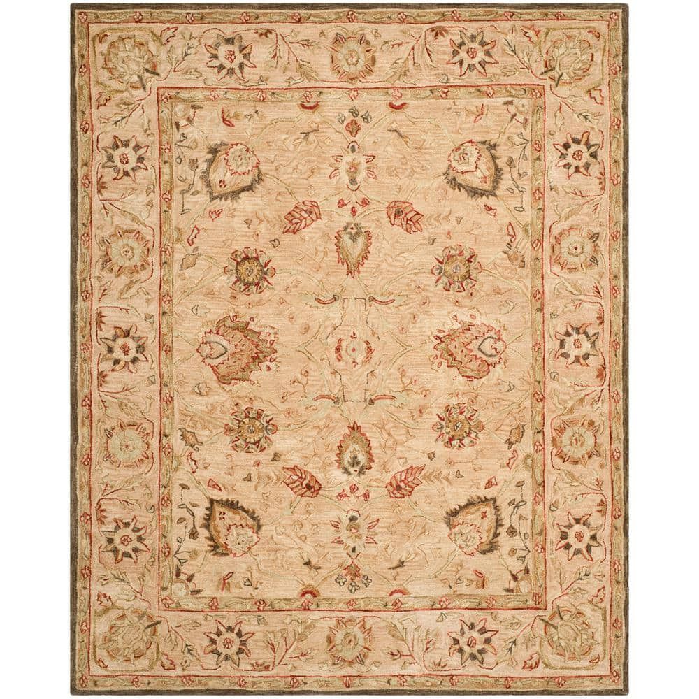 Beige Floral Handmade Wool 8' x 10' Area Rug